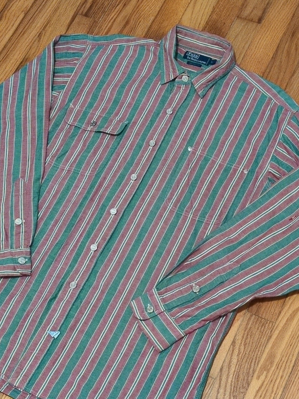 VTG Polo by Ralph Lauren Men's Striped Button-Up Work Shirt in Red & Green